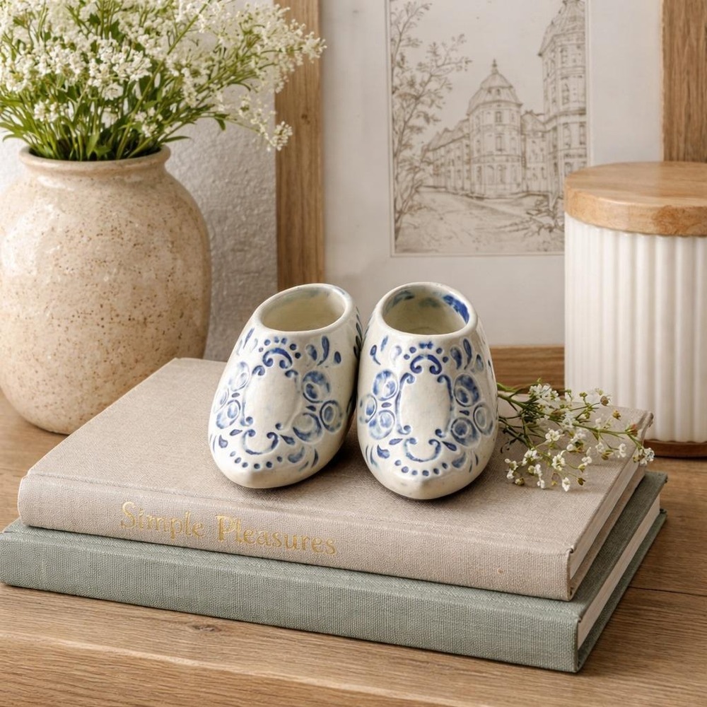 Delft Style Ceramic Clog Pair Hand Painted 1977 Dutch Holland Grandmillennial
